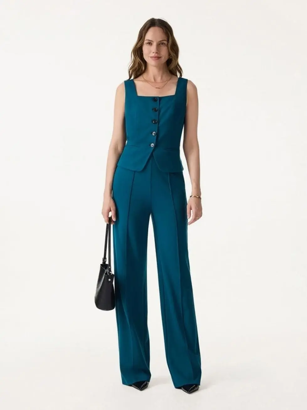 2Pcs Set Square Neck Waistcoat with Pockets & Wide Leg Ankled Pant