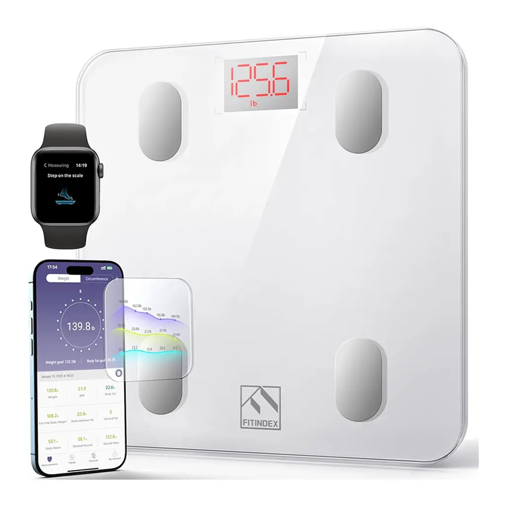 FITINDEX Smart Fitness Body Scale with Bluetooth App Sync - 8-Point Body Composition Analyzer Tracking Weight, BMI & Body Fat Metrics, Healthcare Data