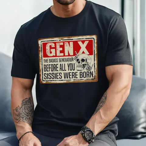 Men's Gen X Badass Graphic Tee - 1965-1980 Sissy Short-Sleeve Round Neck Basic Casual Menswear, Breathable All Seasons Streetwear Top for Layers Under Jackets