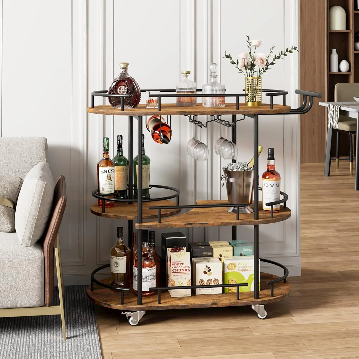 Garvee 3-Tier Mobile Bar Cart on Wheels with Wine Rack and Glass Holder, Metal Kitchen Utility Cart for Coffee Station, Mini Home Bar, and Dining Room in Black and Retro Brown