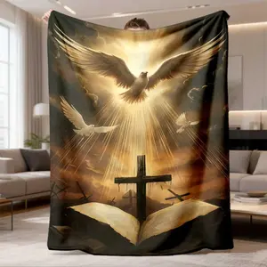 Flannel Throw Blanket - White Dove & Cross Religious Digitally Printed Design, Soft Lightweight All-Season Blanket for Beds, Sofas