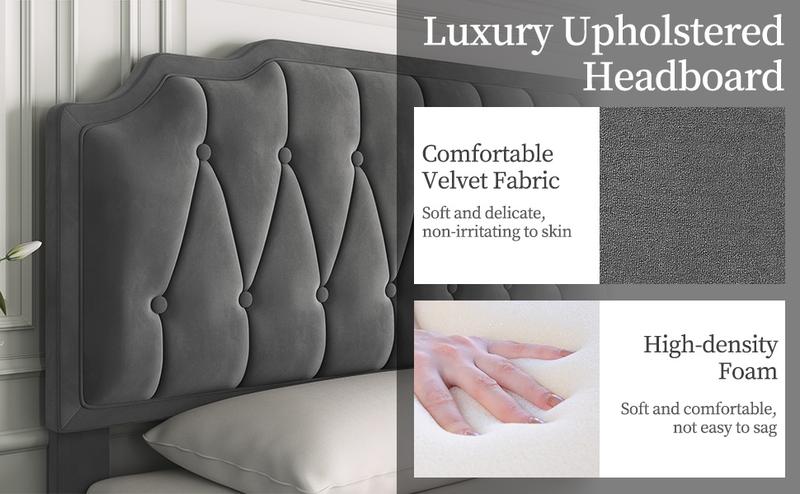 Yaheetech Queen Bed Frame Velvet Upholstered Platform Bed with Curved Headboard, Height-Adjustable Headboard/Noise-Free/Wooden Slats Support/No Box Spring Needed/Easy Assembly Yaheetech Queen Bed Frame Velvet Upholstered Platform Bed with Curved Headboard, Height-Adjustable Headboard/Noise-Free/Wooden Slats Support/No Box Spring Needed/Easy Assembly