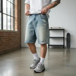 EABLEPOWER Heavyweight Distressed Denim Shorts for Men | Vintage Wash Raw Hem Jean Shorts with Paint Splatter & Side Adjusters | Streetwear Aesthetic Shorts