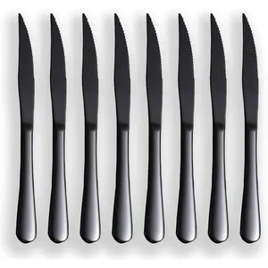 Kyrtaon Black Steak Knife Set, Serrated Titanium Plating Stainless Steel Sharp Knives, Dinner Set of 8, Dishwasher Safe Sturdy and Easy to Clean Birthday