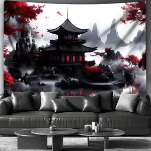 1pc Extra Large Korean-Inspired Korean House & Red Leaf Landscape Tapestry - Black & White Pagoda, Deep Red & Gray Asian Wall Hanging Decor - Wrinkle-Resistant Fabric with Hanging Clips - Living Room, Bedroom, Office - Modern Korean Architecture Decor - L