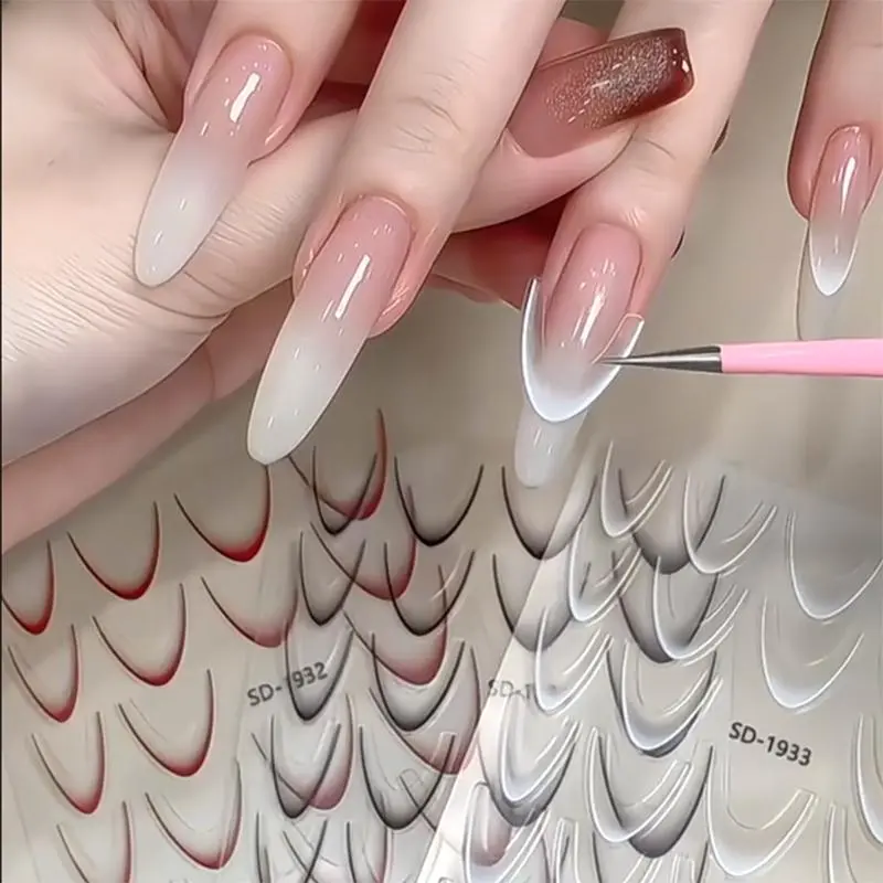 1/2/3Pcs Gradient French Line Nail Art Stickers 3-Colors Black/White/Pink Adhesive Line Slider DIY French Bohemia Gradient Decal