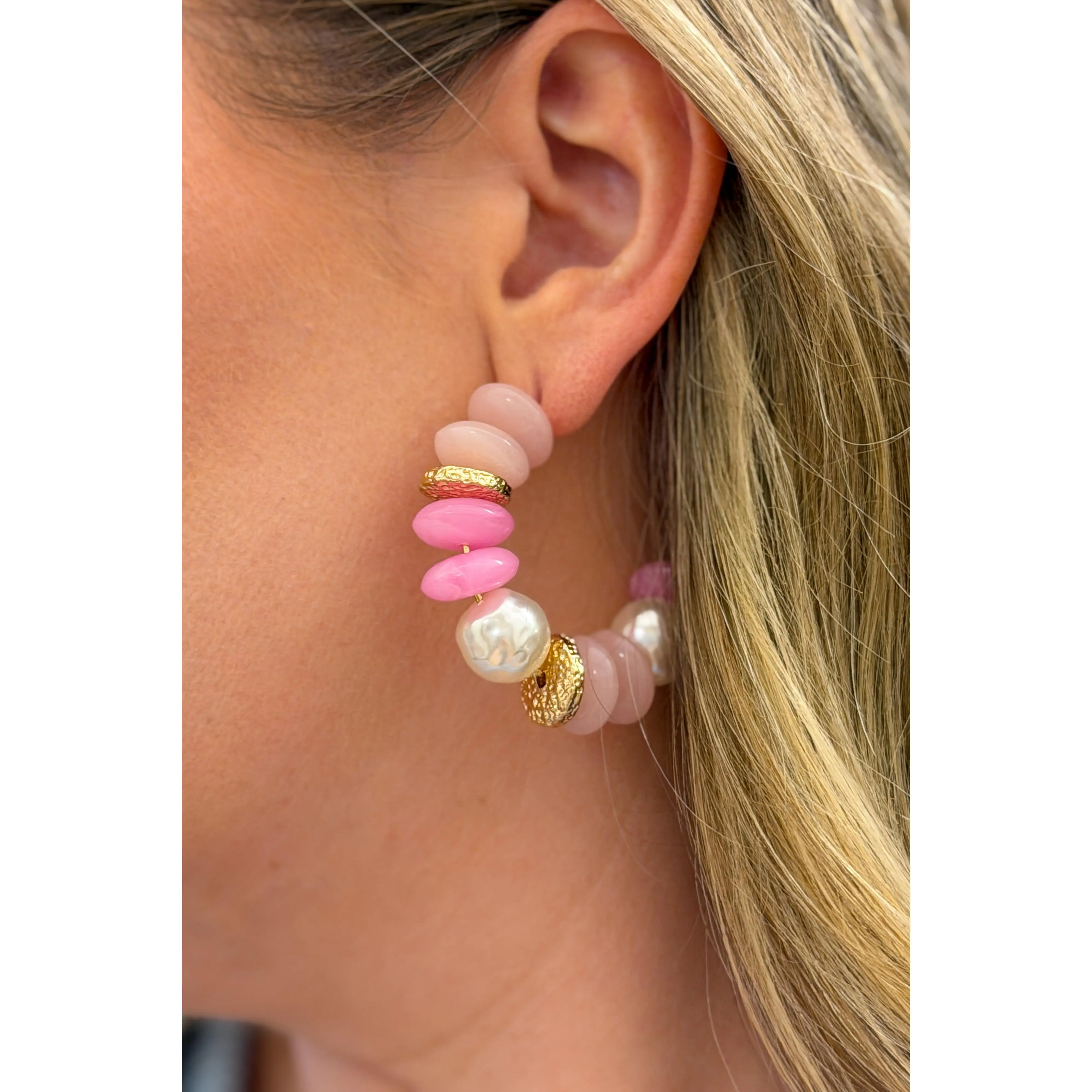 Pearl & Color Rondelle Bead Hoops, Pink