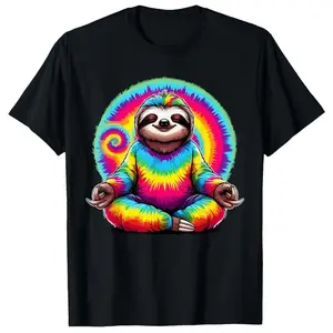 Men's Tie-Dye Hippie Pattern T-Shirt - Rainbow Sloth Meditation Design, 100% Cotton, Casual Loose Fit, Short Sleeve, S-XXXL, Black, with Vibrant Swirl Pattern Cotton Men's Graphic Tees Comfort Wear Classic Cotton Tee Men's T-Shirts Casual Short-Sleeve