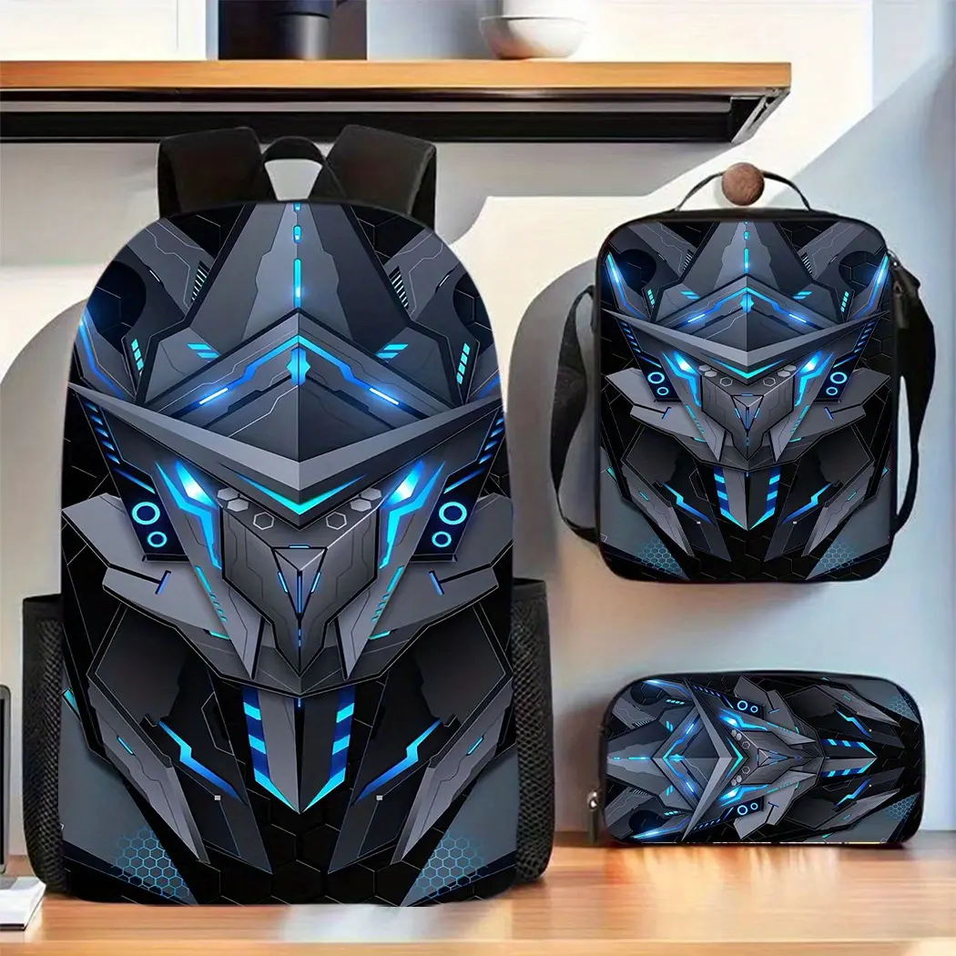Durable Water Resistant 3-Piece Backpack Set for Kids, Lightweight School Bag with Lunch Box & Pencil Case, 600D Oxford Cloth, Breathable Padded Straps & Mesh Back, Large Capacity Fits 15-inch Laptop, Insulated Lunch Bag, Futuristic Mecha Armor Print