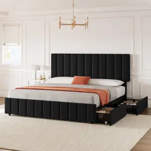 Gaomon King Size Linen Upholstered Floating Platform Bed Frame, 4 Storage Drawers, Adjustable Headboard, Wooden Slat Support, No Box Spring Needed, Black
