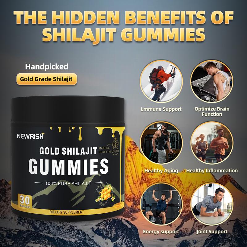 Newrish Himalaya Shilajit Gummies - 100% Natural and Organic - Improves Athletic Performance - With Manuka Honey / Fulvic Acid and 85+ Trace Mineral Complex - 30 Gummies