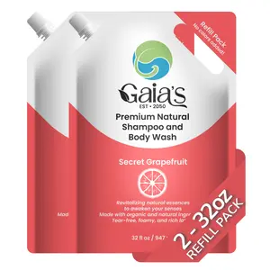 GAIA'S Premium Natural Shampoo and Body Wash Secret Grapefruit, Refill Size, 64 oz (32 oz X 2) Tear-Free, No Added Colors, Organic and Natural Ingredients, Biodegradable Packaging, No Sulfates
