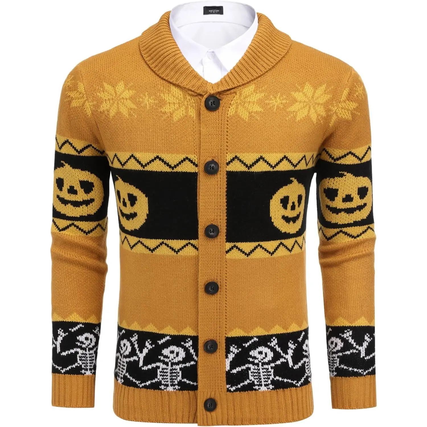 Men's Ugly Christmas Cardigan, Casual Shawl Collar Sweater with Reindeer & Snowflake Pattern, Long Sleeve Festive Knitwear Top, Tops, Menswear, Full Sleeves, Button Front, Cardigan Top