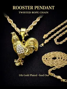 14K Gold Plated Rooster Gallo Pendant Figaro Link Chain Hip Hop Necklace 20" 24" 4mm Unisex Jewelry For All Ocassions
