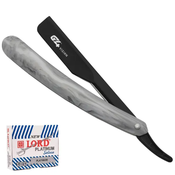 Men's Traditional Durable G4 Vision Professional Stainless Steel Straight Razor Kit - Ergonomic Lightweight Grip Handle, White Stone Design, 100 Non-Toxic Replaceable Blades for Smooth Beard/Mustache Shave
