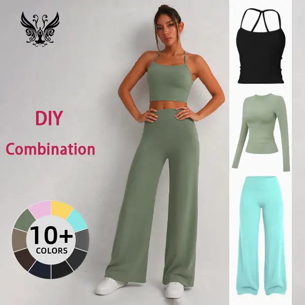YIZHEN SPORTS Women’s 3 Piece Matching Lounge Set, DIY Mix and Match Crop Cami Top Long Sleeve Shirt and Wide Leg Pants, Casual Yoga Workout Outfits, Baggy Sweatpants, Sporty Chic