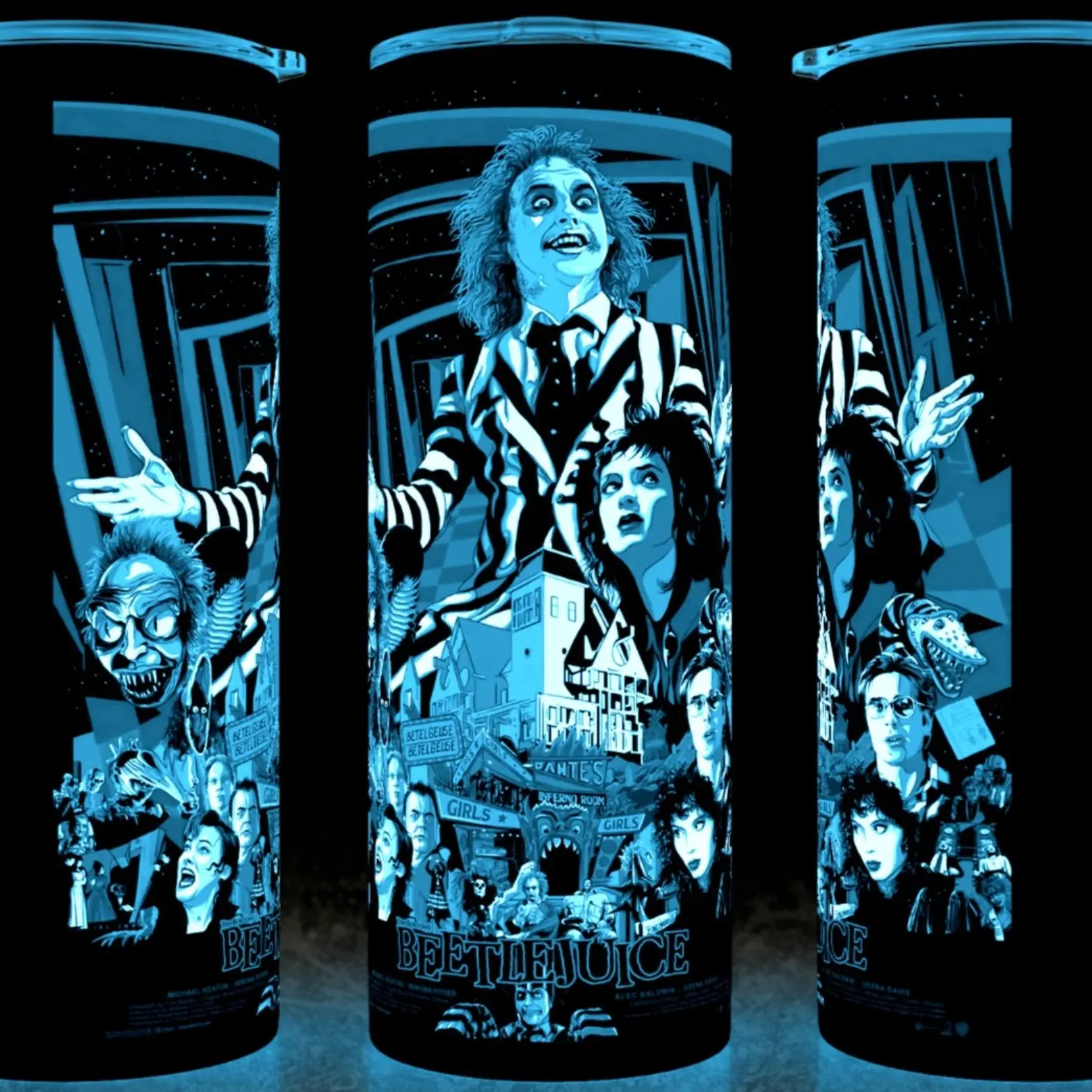 Glow in the Dark Beetlejuice Comedy 80s Movie Classic Cup Mug Tumbler 20oz with Lid and Straw - Elegant Drinkware for Horror Movie Fans - Perfect for Hot or Cold Drinks! Stainless Steel. Flasks Glossy Insulated