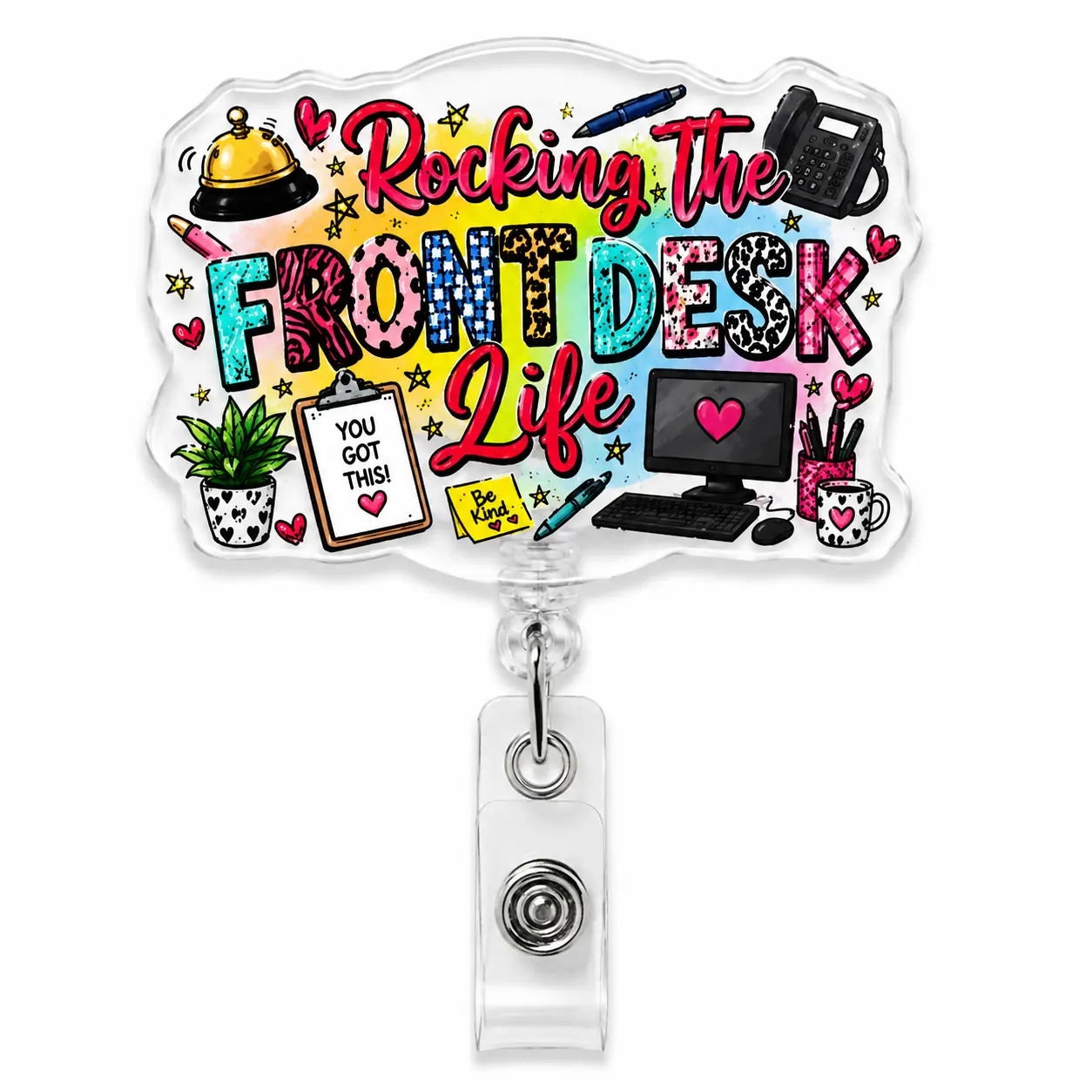 Rocking The Front Desk Life Badge Reel, Retractable ID Badge Holder, Colorful Receptionist Work Badge Clip for Front Desk Staff Office and Administrative Workers
