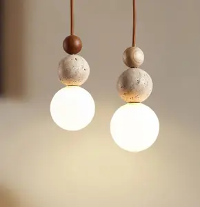 Wabi Sabi Stone Wooden Lighting for Living Room Decorative Hanging Lighting with Small Wooden Pendant Lighting Chandelier Bedroom Lighting