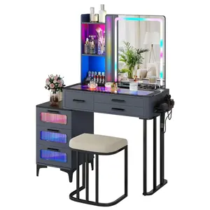 Miuvanity Set with 24-Color RGB Lights Wireless Charging HD Mirror 6-Drawer Chest & Big Storage Furniture Organizing Modern Glass Desktop Divided Drawer 3 LED Lighting Makeup Mirror Smart Human Sensor Button