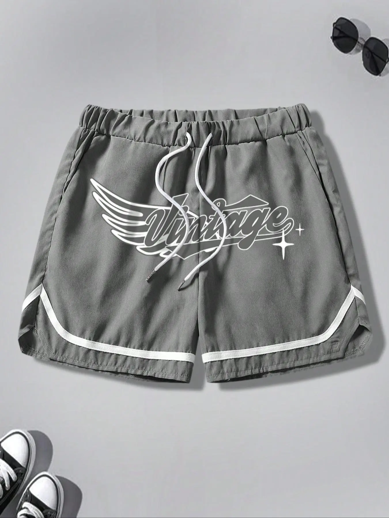 Men's Wing Print Cross Patch Shorts, Regular Fit Casual Comfy Breathable Graphic Print Shorts for Daily Wear, Men's Bottoms for All Seasons, Breathable Summer Shorts, Drawstring Waistband Shorts