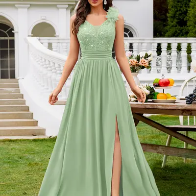 open lace back dress Wedtrend Women Long Bridesmaid Dress with Slit Green Large Flower A Line Cold Shoulder Chiffon Print Wedding Guest Dress, Green Large Flower / US2