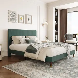 Full Size Upholstered Platform Bed with Modern Fabric Headboard, Sturdy Metal & Wooden Slats for Double Support, Non-Slip, Noise-Free, No Box Spring Needed, Easy Assembly, Green Bed Frames