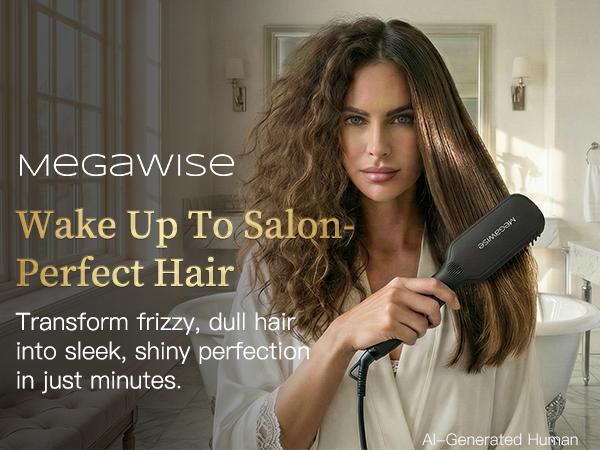 MEGAWISE Pro Ceramic Ionic Hair Straightener Brush - 20s Fast Heating, Frizz Control, Auto-Off, Dual Voltage, Plug Powered Home Salon Tool for Women with Thick Hair, Black