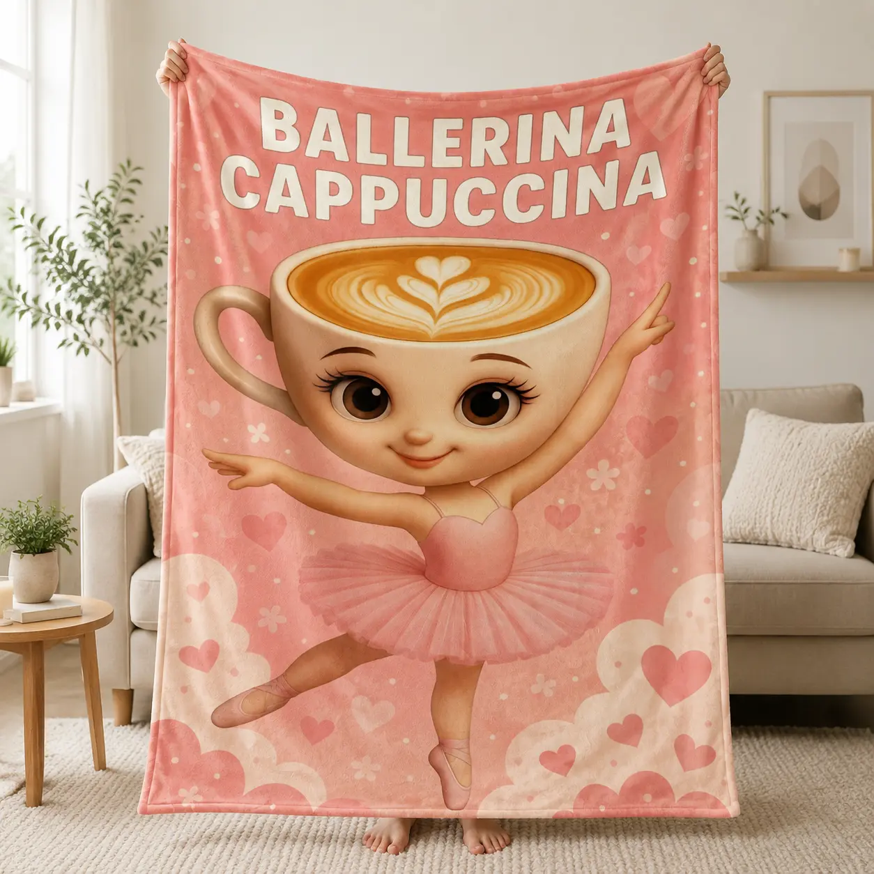 Pink Heart Background Cute Ballerina Coffee Cup Character Art Throw Blanket Soft Flannel Cozy Blanket Ballet Coffee Lover Girly Room Decor Gift