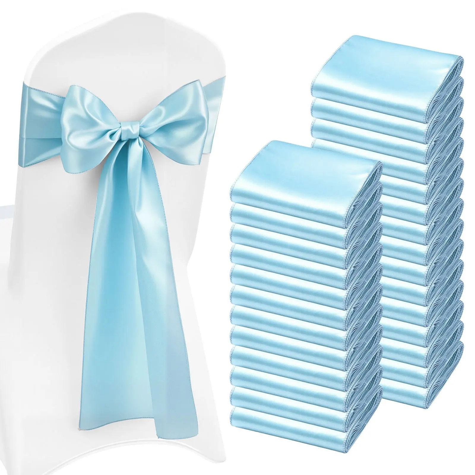 Satin Chair Sashes And Bows Set, 100PCS Chair Ribbon Ties Back Sash, 7 x 108 Inches, Light Blue Wedding Reception Decorations For Ceremony, Baby Shower, Party, Events, Banquet, Chair Cover Decoration