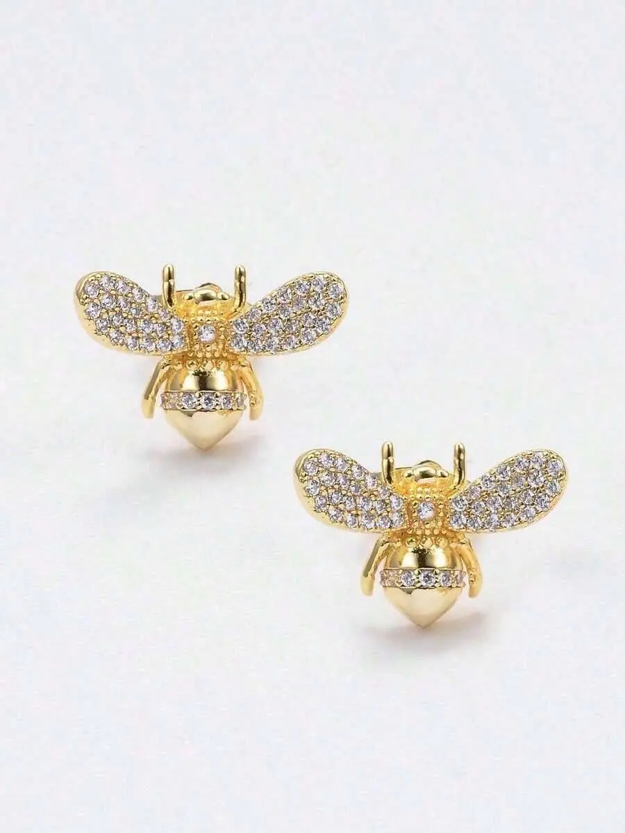 Cubic Zirconia Bee Decor Stud Earrings for Women, Cute Copper Alloy Animal Jewelry for Daily Wear, Casual