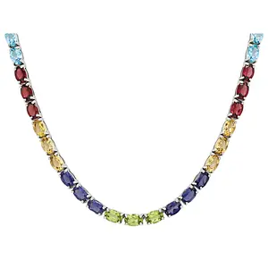 JTV Multi-Color Multi-Gemstone Platinum Over Sterling Silver Tennis Necklace 29.18ctw
