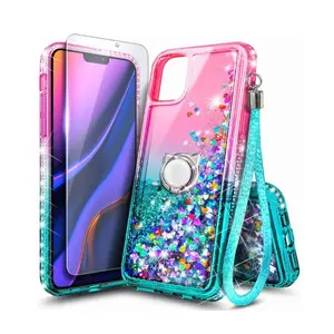 For iPhone Case 12/12 Pro – Sparkly Glitter Liquid Bling Cover for Girls & Women with Ring Holder, Wrist Strap & Tempered Glass Protector (Pink/Aqua)