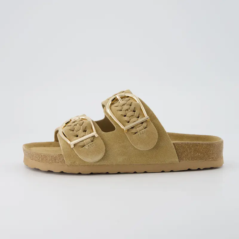 Cushionaire Cashew Slip On Genuine Suede Leather Sandals for Women - Braided Double-Strap Design with Adjustable Gold Tone Oversized Buckle, Comfortable Summer Shoes for Women
