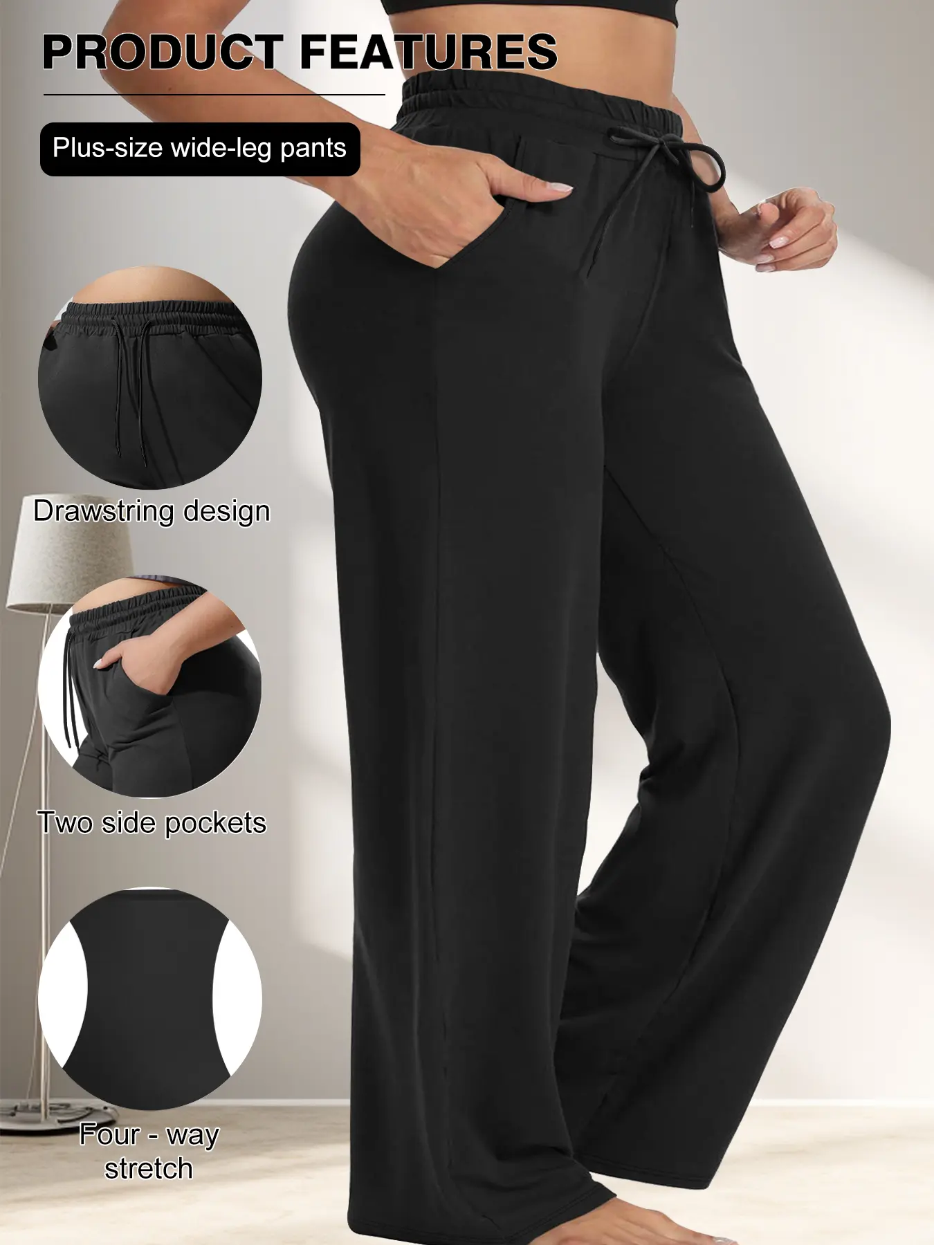 Plus Size Women's Business Casual Elastic Waisted Basic Wide Leg Stretchy Pants, Trouser, Elastic Waistband, Pocket Design, Comfortable Fit for Work & Daily Wear