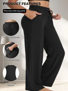 Plus Size Women's Business Casual Pants, Elastic Waistband, Pocket Design, Comfortable Fit for Work & Daily Wear