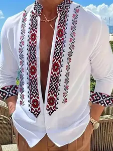 Men's Ethnic Embroidered Shirt, Casual Vacation Style, Seven-Quarter Sleeve Design, Trendy Collar Detail, Perfect for Leisure Wear