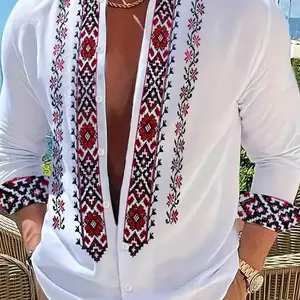 Men's Ethnic Embroidered Shirt, Casual Vacation Style, Seven-Quarter Sleeve Design, Trendy Collar Detail, Perfect for Leisure Wear