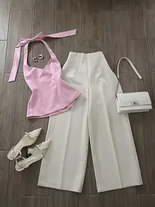 Women's Young Gentle Mature Halter Top + Wide Leg Pants Set, 2 Piece Outfit, Casual Aesthetic Fashion, Elegance, Perfect for Daily Wear, Womenswear