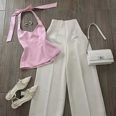 Women's Young Gentle Mature Halter Top Fitted Sleeveless Set + Wide Leg Pants Set, 2 Piece Outfit, Two Pieces Sets, Casual Aesthetic Chic Fashion, Elegant, Elegance, Perfect for Daily Wear, Womenswear, Clothes