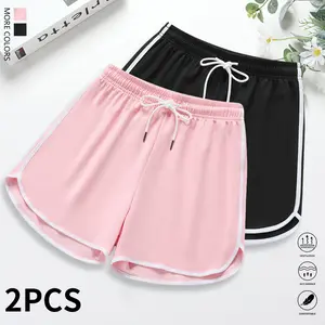 Pack of 2 women’s shorts: casual shorts, athletic shorts, lounge shorts; solid color; drawstring elastic waistband; suitable for casual wear, outdoor sports, and yoga; women’s shorts; summer clothing.