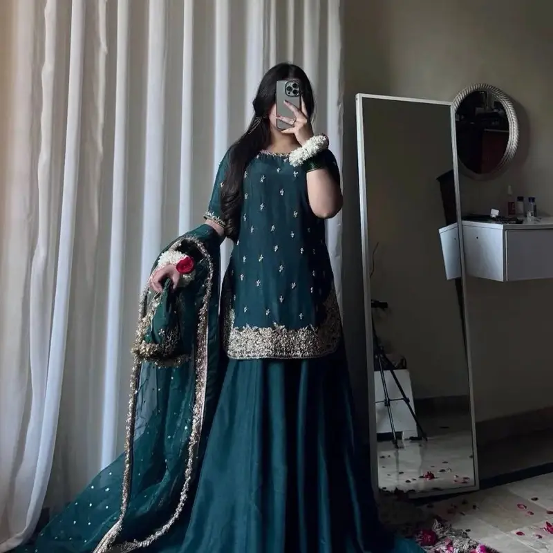 Women's Designer Chinon Silk Embroidery, Sequin & Moti Work Top-Palazzo Set with Dupatta | Pakistani-Indian Salwar Suit | Wedding, Party, and Eid Festive Ethnic Wear