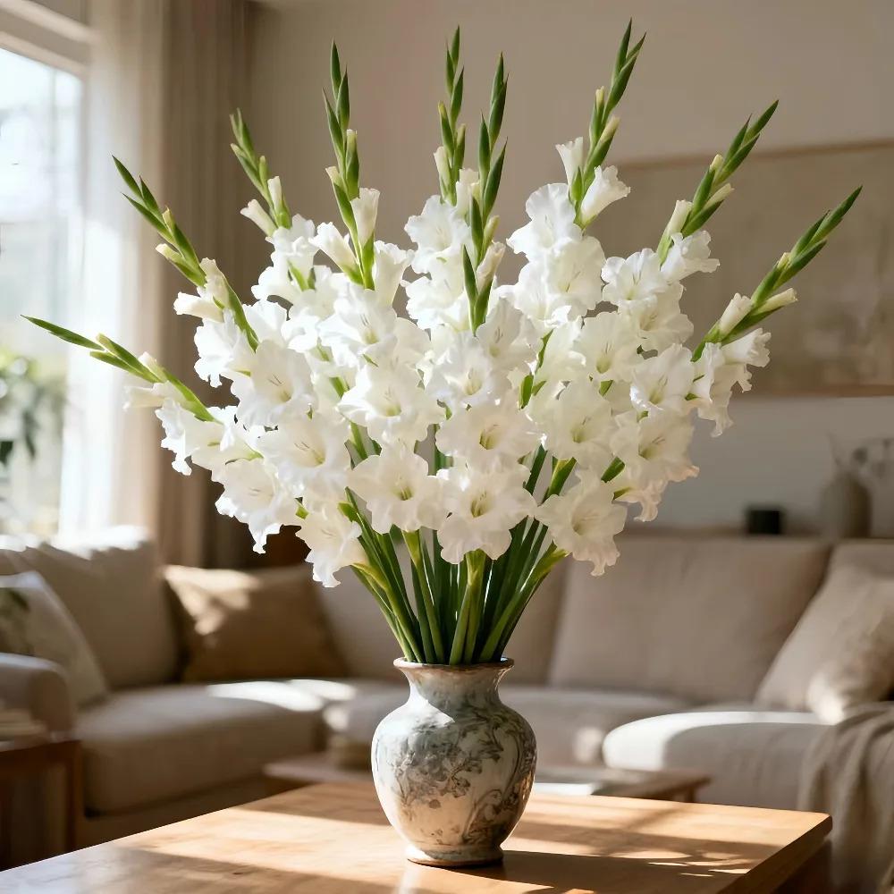 8pcs Artificial Gladiolus Orchid Flower Bouquet |   White Blooms & Green Foliage, Maintenance-Free Lifelike Stems for Weddings