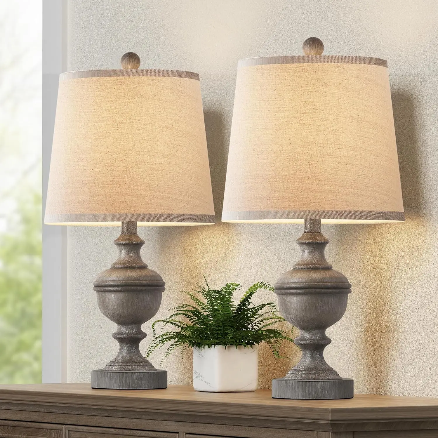 Retro Table Lamps Set of 2, Bedside Lamp for Bedroom Rustic Farmhouse Table Lamps for Living Room, Vintage Nightstand Lamps with White Shades, Grey