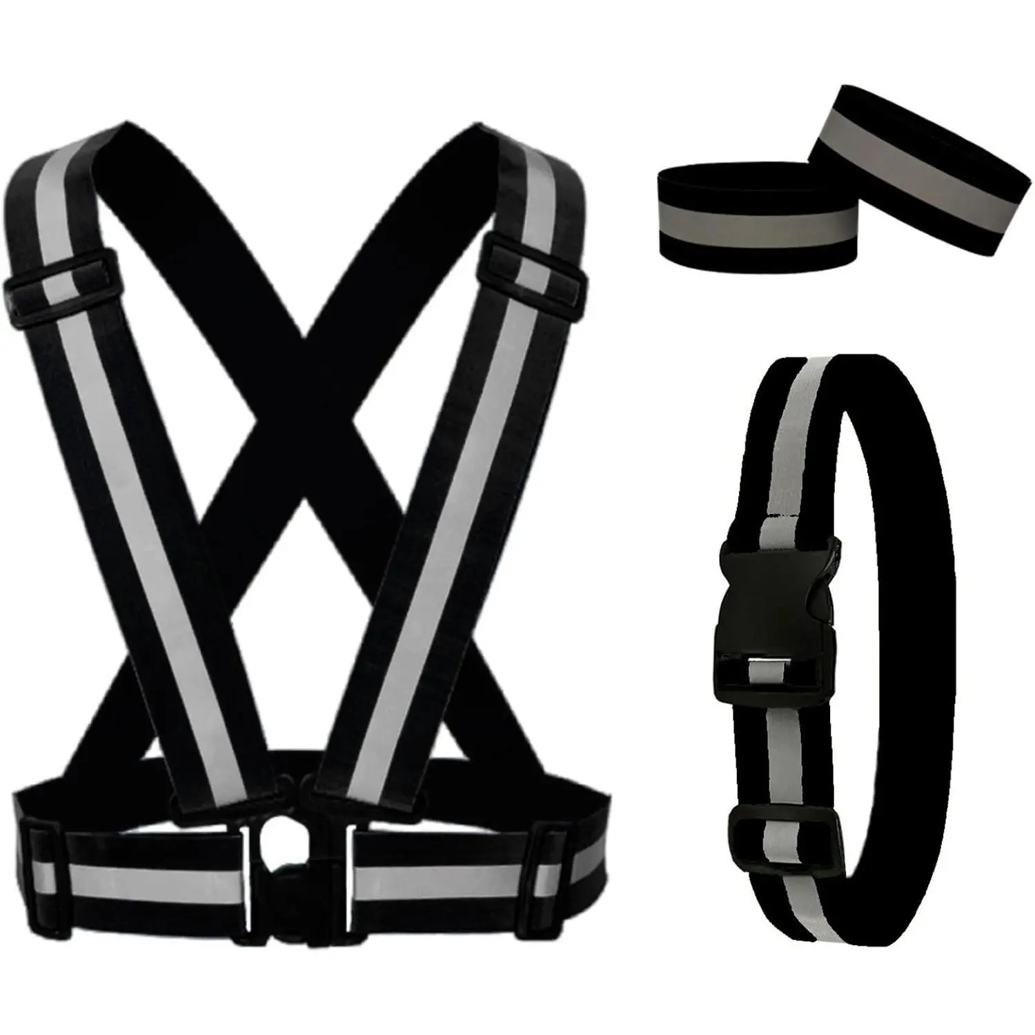 Reflective Running Gear Reflective Vest & Reflective Armband & Reflective Belt 3 count Set, High Visibility Reflective Gear Night Cycling Walking Safety Vest Straps for Men Women