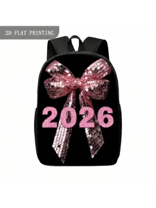1pc Pink Sequin Bow with Glittering 2026 Number Decorative Stylish Trend Large Capacity High School Bag Durable Kawaii Cute Lightweight Backpack for College/Campus, for Teenager, For Teenager