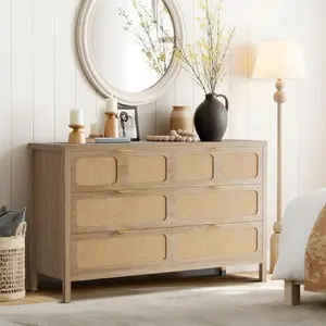 6 Drawer Dresser, Rattan Dresser for Bedroom with Metal Handles, Farmhouse Wood Storage Chest of Drawers for Bedroom, Living Room, Hallway, Entryway, Oak