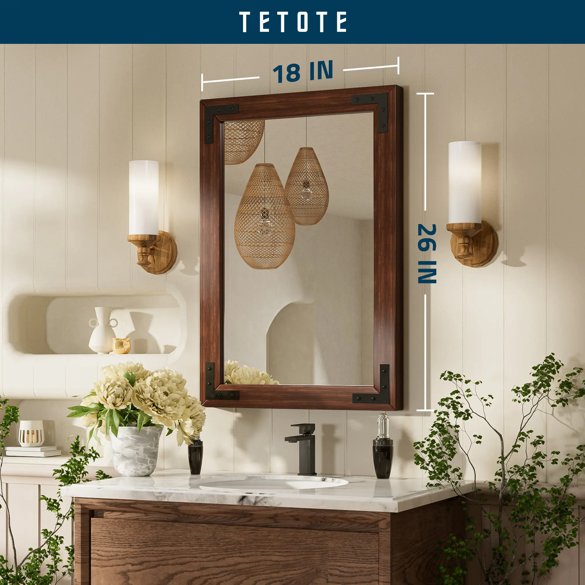 TETOTE Wood Framed Mirror, Farmhouse Vanity Mirror, Waterproof, Rustic Natural Wall Mirror for Living Room/Entryway, Horizontal/Vertical Mount Decor Wooden Decoration
