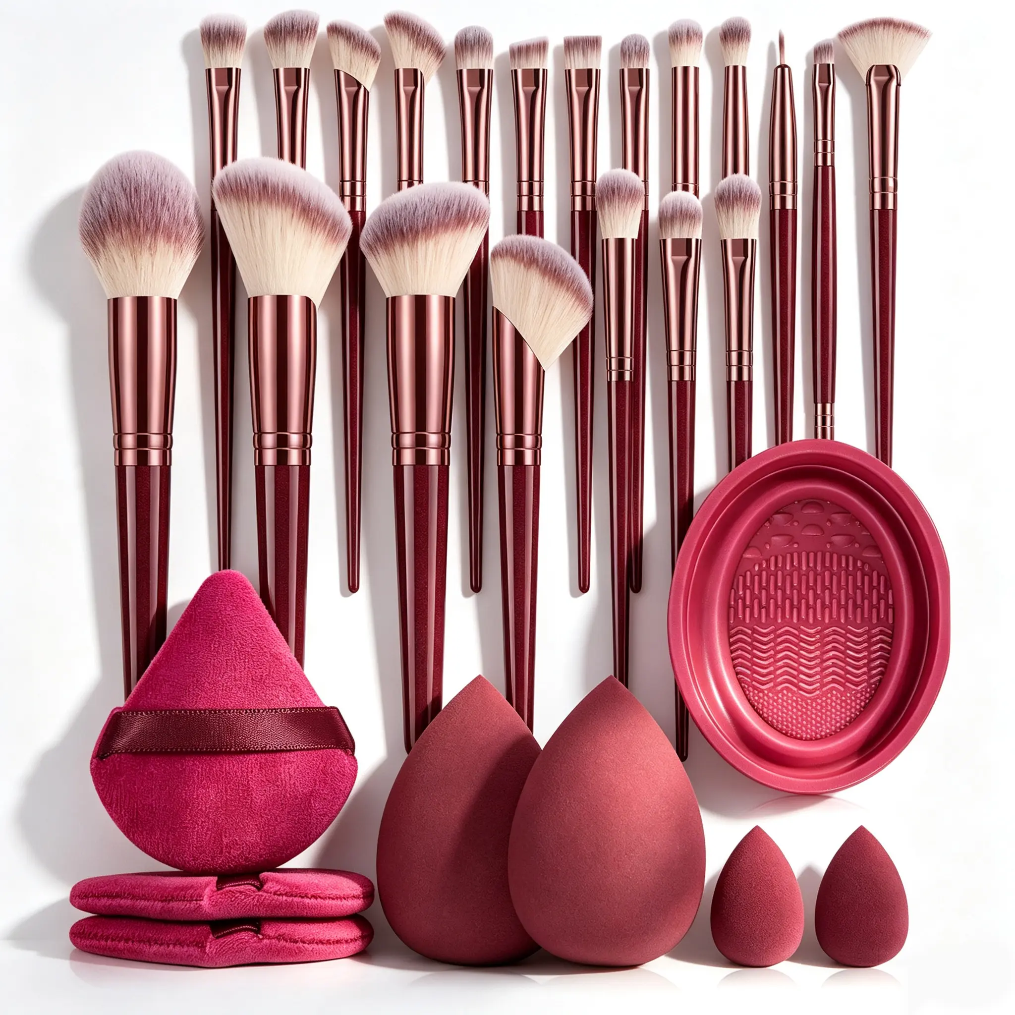 Professional Makeup Brush Set Premium Synthetic Bristles Face Eye Shadow Blush Contour Highlight Foundation Brushes with Makeup Sponges Velvet Powder Puffs Silicone Cleaning Bowl for Daily Makeup Application for Beginner and Makeup Artist
