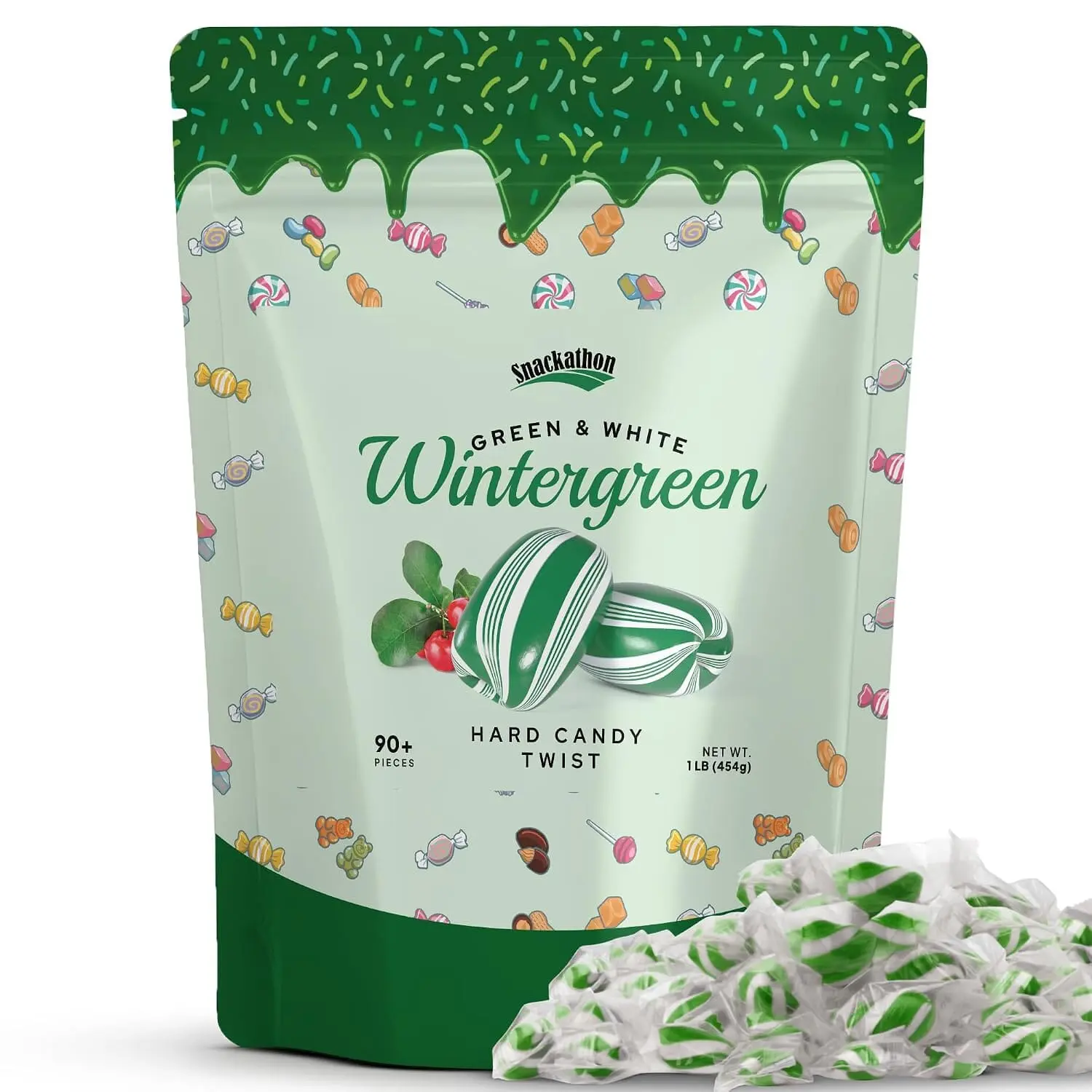 Snackathon Wintergreen Hard Candy Twists - Cylinder-Shaped, Green & White, Bulk Individually Wrapped, 1 lb